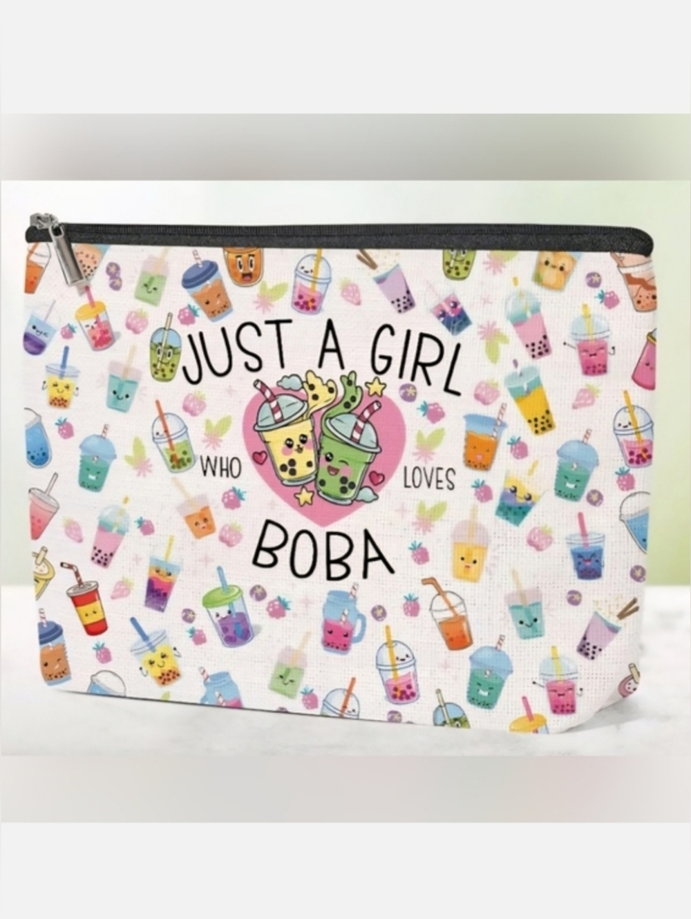 NWT Just A Girl Who Loves Boba Waterproof Canvas Makeup Bag